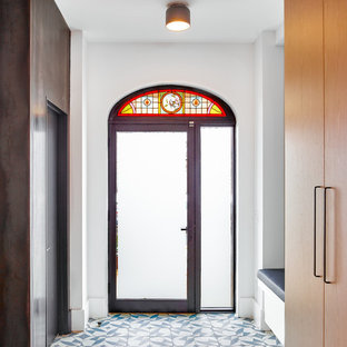 Foto di una porta d'ingresso minimal di medie dimensioni con una porta singola, pareti bianche, una porta in vetro e pavimento multicolore