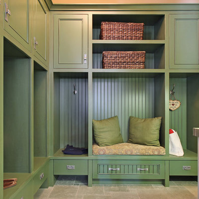 Mudroom - mid-sized craftsman gray floor and limestone floor mudroom idea in San Diego with green walls