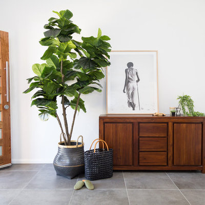 Entryway - mid-sized contemporary ceramic tile and gray floor entryway idea in Other with white walls and a brown front door