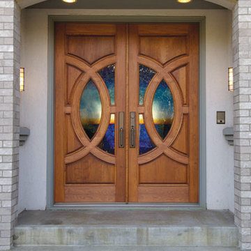 Simpson Entry Doors - Double with semi-circular glass and wood cut decorative