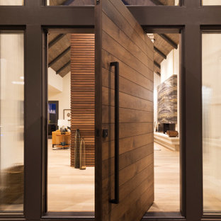 Immagine di un'ampia porta d'ingresso moderna con parquet chiaro, una porta a pivot, una porta in legno scuro e pavimento marrone