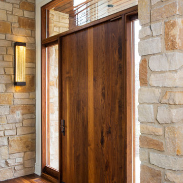 Solid Walnut Pivot Front Door with Glass Sidelights and Transom