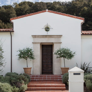 Idee per una grande porta d'ingresso mediterranea con pareti bianche, pavimento in terracotta, una porta singola e una porta in legno scuro