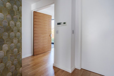 Aménagement d'une porte d'entrée contemporaine avec une porte pivot.