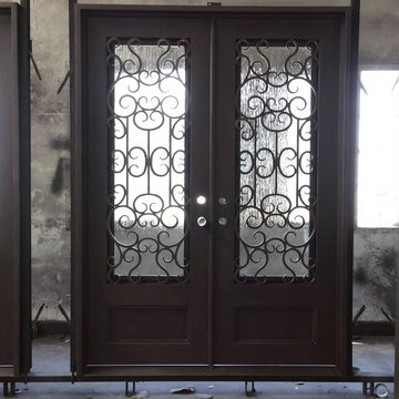 Square Top Double Wrought Iron Door with Rain Glass