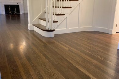 Example of a large transitional dark wood floor and brown floor foyer design in Boston
