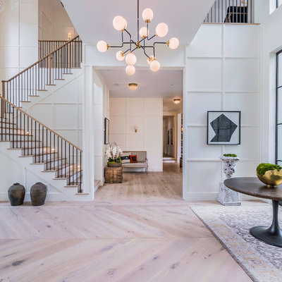 Inspiration for a huge contemporary light wood floor entryway remodel in Los Angeles with white walls and a metal front door