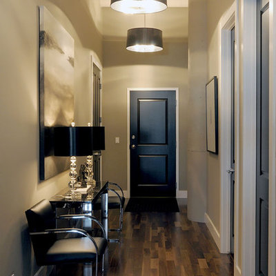 Inspiration for a transitional dark wood floor and brown floor entryway remodel in Other with gray walls