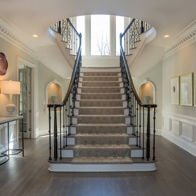 Inspiration for a large transitional light wood floor entryway remodel in Atlanta with gray walls and a dark wood front door