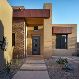 Trendy porcelain tile entryway photo in Phoenix with brown walls and a gray front door