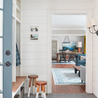 Mudroom - mid-sized cottage slate floor and gray floor mudroom idea in Boston with white walls