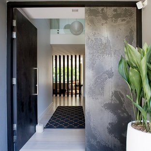 Diseño de puerta principal contemporánea con paredes blancas, puerta simple y puerta negra