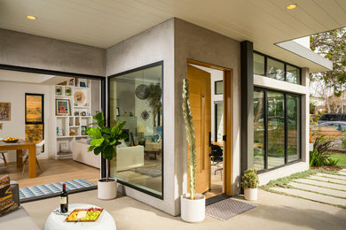 Small trendy concrete floor entryway photo in Los Angeles with gray walls and a light wood front door