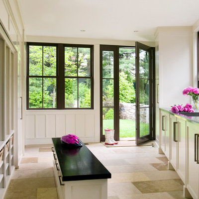 Transitional beige floor mudroom photo in Boston