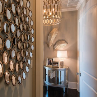Mid-sized trendy dark wood floor entryway photo in Dallas with gray walls