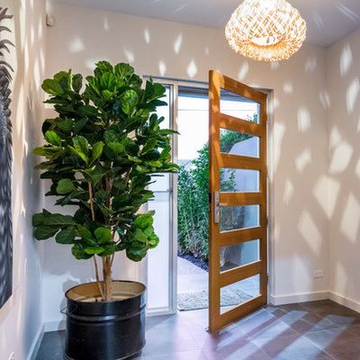 Example of a trendy gray floor entryway design in Adelaide with white walls and a medium wood front door