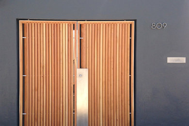 Стильный дизайн: большая входная дверь в стиле модернизм с двустворчатой входной дверью и металлической входной дверью - последний тренд