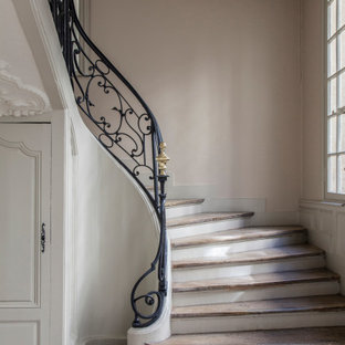 Inspiration pour un escalier courbe traditionnel avec un garde-corps en métal.