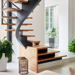 Cette photo montre un escalier courbe tendance de taille moyenne avec des marches en bois et un garde-corps en métal.