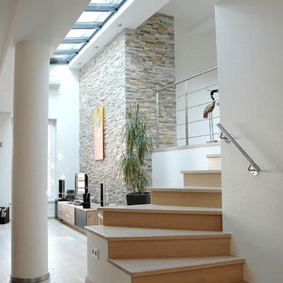 Aménagement d'un escalier courbe contemporain de taille moyenne avec des marches en bois et des contremarches en bois.