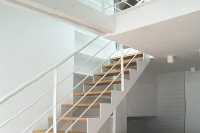Cette photo montre un escalier droit moderne de taille moyenne avec des marches en bois et un garde-corps en métal.