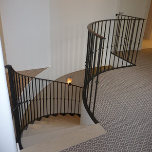 Esempio di una grande scala curva classica con pedata in pietra calcarea, alzata in pietra calcarea e parapetto in metallo
