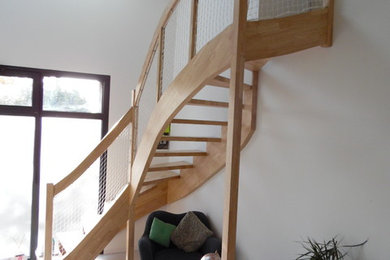 Cette image montre un escalier courbe minimaliste de taille moyenne avec des marches en bois et un garde-corps en matériaux mixtes.