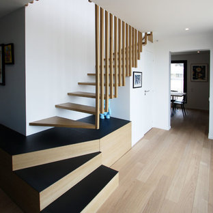 Idées déco pour un grand escalier sans contremarche courbe contemporain avec des marches en bois et un garde-corps en bois.