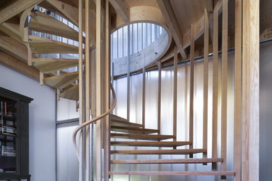 Cette photo montre un escalier courbe scandinave de taille moyenne avec des marches en bois.