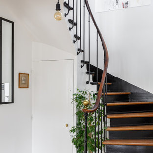 Exemple d'un escalier courbe scandinave avec des marches en bois, des contremarches en bois peint et un garde-corps en matériaux mixtes.