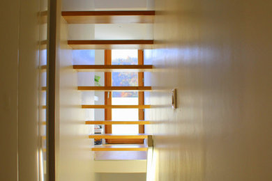 Cette image montre un petit escalier droit minimaliste avec des marches en bois.