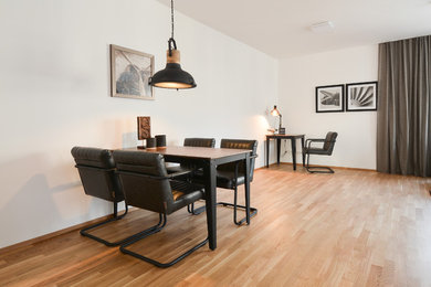 Foto de comedor contemporáneo de tamaño medio abierto sin chimenea con paredes blancas y suelo de madera en tonos medios