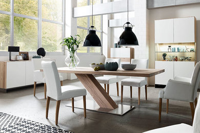 This is an example of a medium sized contemporary dining room in Other with white walls and concrete flooring.