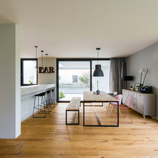 Mittelgroßes Modernes Esszimmer ohne Kamin mit grauer Wandfarbe, hellem Holzboden und braunem Boden in Leipzig