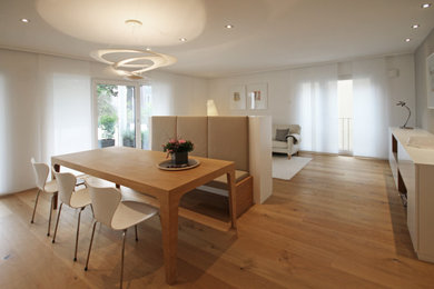 Photo of a medium sized contemporary open plan dining room in Munich with beige walls, light hardwood flooring and brown floors.