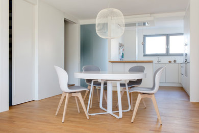 Moderne Wohnküche mit weißer Wandfarbe, hellem Holzboden und braunem Boden in Düsseldorf