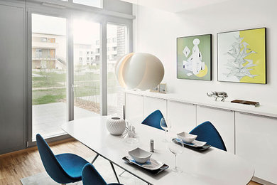 Mittelgroßes Modernes Esszimmer mit weißer Wandfarbe und braunem Holzboden in Stuttgart