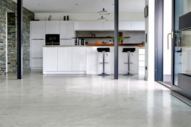 Foto de comedor moderno extra grande con suelo de cemento y suelo gris