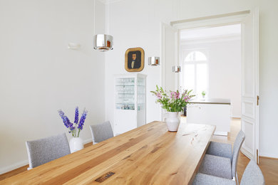 Foto de comedor contemporáneo de tamaño medio cerrado con paredes blancas, suelo de madera clara y suelo marrón