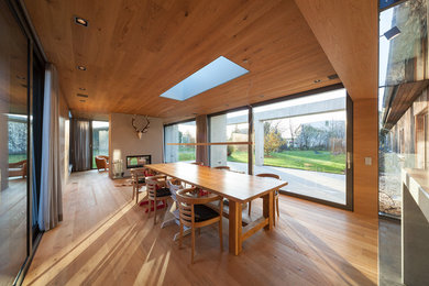 Diseño de comedor actual grande abierto con paredes grises, suelo de madera clara, chimenea de doble cara y marco de chimenea de yeso