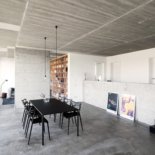 Offenes Modernes Esszimmer ohne Kamin mit weißer Wandfarbe, Betonboden und grauem Boden in Nürnberg
