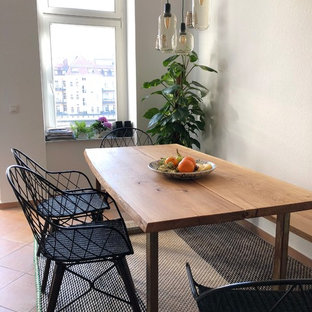 Idéer för en stor modern separat matplats, med vita väggar, klinkergolv i terrakotta och rött golv