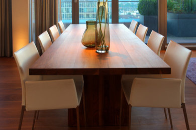 Foto de comedor contemporáneo de tamaño medio cerrado sin chimenea con suelo de madera en tonos medios y suelo marrón
