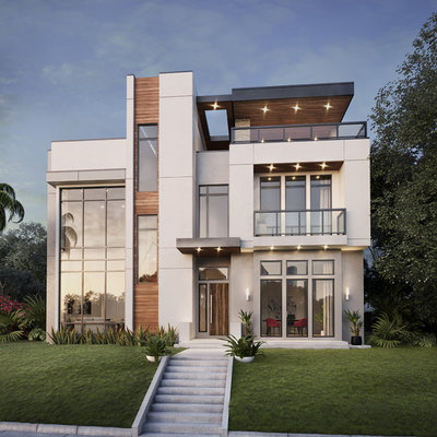Example of a large minimalist white three-story mixed siding exterior home design in Houston with a metal roof