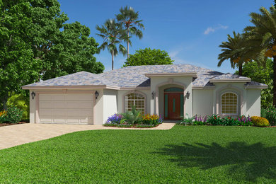 Example of a mid-sized tuscan beige one-story stucco house exterior design in Other with a hip roof and a tile roof