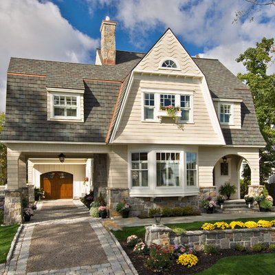 Farmhouse wood exterior home photo in Boston