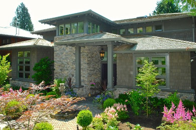 Large craftsman gray three-story mixed siding exterior home idea in Vancouver
