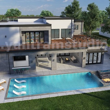 3D Exterior Walkthrough Home Design with Pool Side Evening view