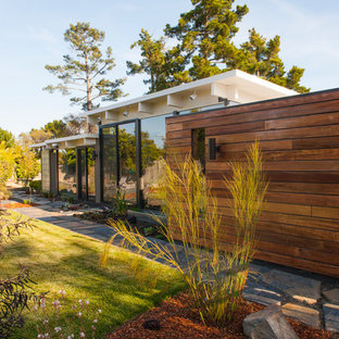 Imagen de fachada de casa marrón, contemporánea, de tamaño medio, de una planta, con revestimiento de madera y tejado plano