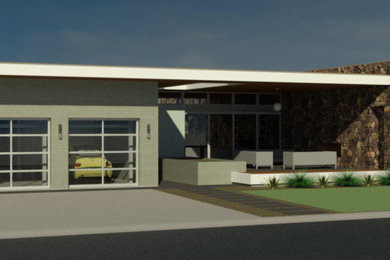 Imagen de fachada de casa multicolor retro de tamaño medio de una planta con revestimientos combinados, tejado plano y tejado de metal